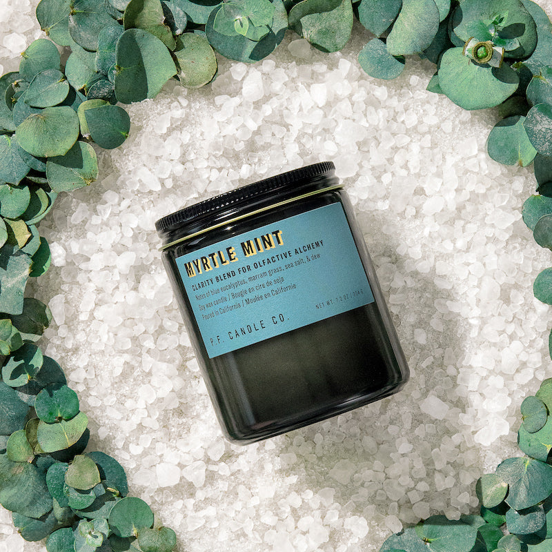 P.F. Candle Co. Myrtle Mint Alchemy Candle - Lifestyle - A clarity blend to promote focus, with notes of blue eucalyptus, marram grass, sea salt, and dew. Inspired by the lucidity of an herb garden breeze, formulated with upcycled lemon and eucalyptus.